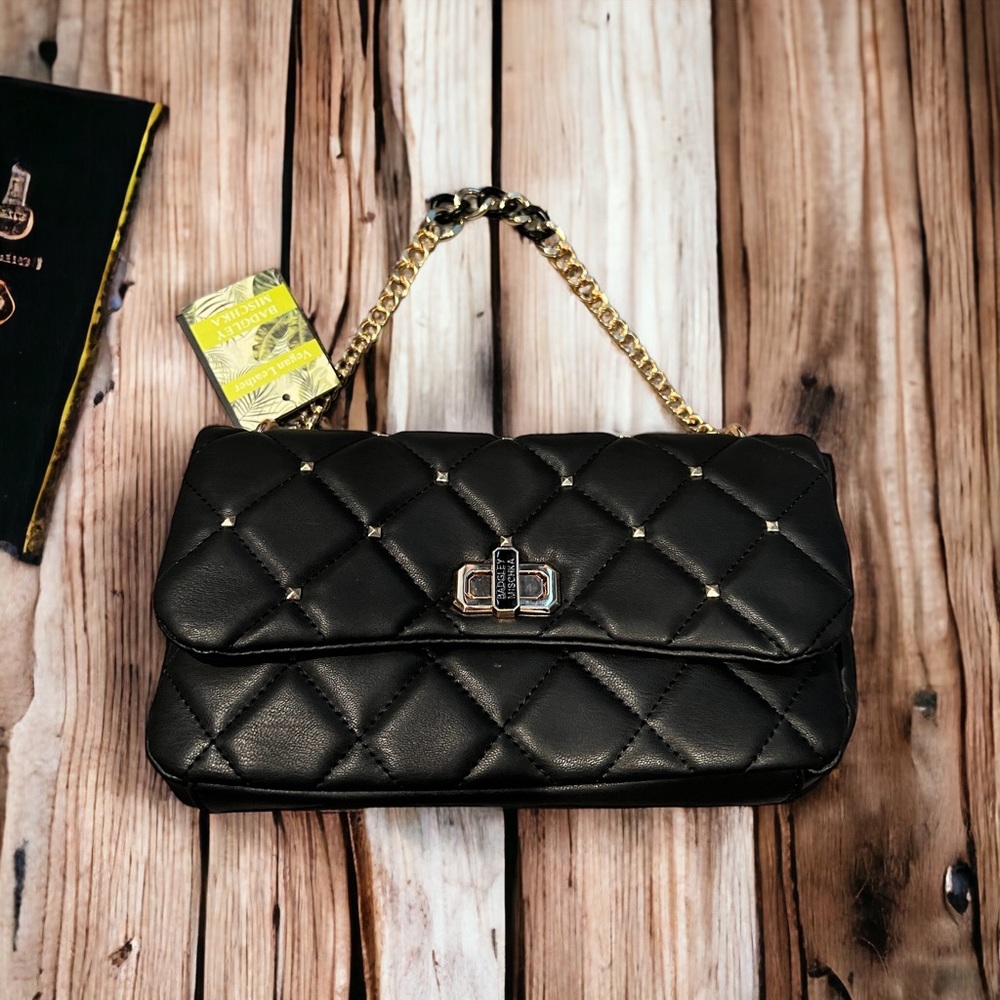 Badgley mischka vegan leather quilted crossbody with diamonds studs